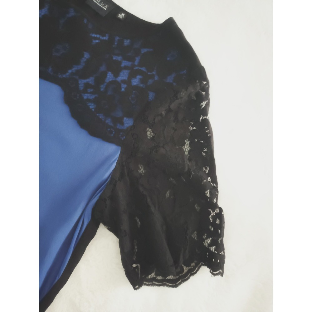 Saks Fifth Avenue Black Collection 100% Silk Blouse Blue Black Lace M - Picture 2 of 6